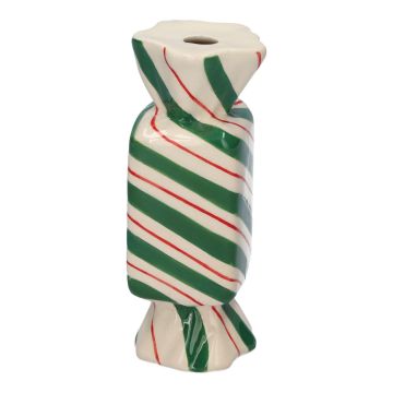 Square single flower vase in the shape of a sweet AMIEL made of ceramic, with diagonal lines, green-red-white, 1.8"x1.8"x4.5"/4,5x4,5x11,5cm