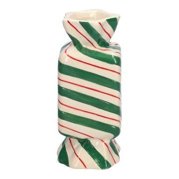 Square single flower vase in the shape of a sweet AMIEL made of ceramic, with diagonal lines, green-red-white, 2.6"x2.6"x6"/6,5x6,5x15cm