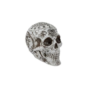 Halloween skull FARALDA with mystical signs and symbols, white-black, 4.7"x4"x7"/12x10x18cm