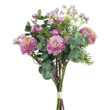 Artificial pompon dahlia and eucalyptus bouquet ZORCA, berries, fuchsia-purple, 12"/30cm