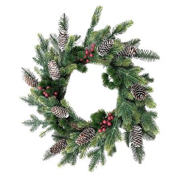 Artificial winter wreath NARVIK, berries, pine cones, green and red, Ø50cm
