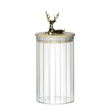 LEOPOLDO storage jar with wooden lid, deer-shaped handle, clear, 15.5 cm, Ø 9 cm LEOPOLDO storage jar with wooden lid, deer-shaped handle, clear, 15.5 cm, Ø 9 cm