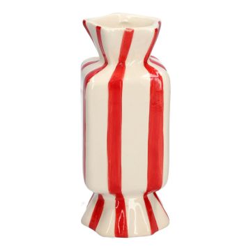 Square single flower vase in the shape of a sweet AMIEL made of ceramic, with vertical stripes, red-white, 4"x4"x10"/10x10x25cm