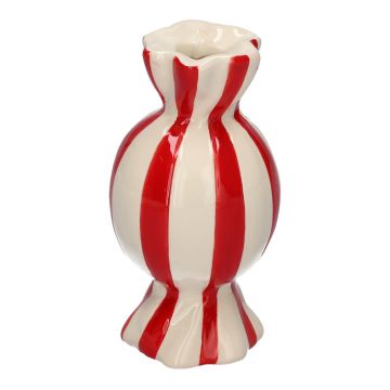 Bulbous single flower vase in the shape of a sweet AMIEL made of ceramic, with vertical stripes, red-white, 4.5"/11,5cm, Ø2.4"/6cm