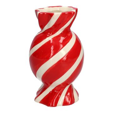 Bulbous single flower vase in the shape of a sweet AMIEL made of ceramic, with diagonal lines, red-white, 6"/15cm, Ø3.3"/8,5cm