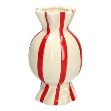 Bulbous single flower vase in the shape of a sweet AMIEL made of ceramic, with vertical stripes, red-white, 10"/24,7cm, Ø5.5"/14cm