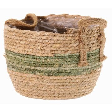Wicker plant pot UPALI, braided seagrass, 2 carrying handles, beige-green, 9"/22cm, Ø12"/30cm