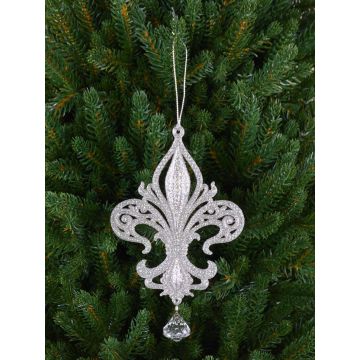Acrylic Christmas tree bauble, heraldic lily AZARIEL, glitter, silver, 15cm