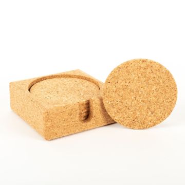 Round cork glass coaster MINARA with holder, 6 pieces, natural, Ø3.5"/9cm, thickness 0.2"/0,5cm Round cork glass coaster MINARA with holder, 6 pieces, natural, Ø3.5"/9cm, thickness 0.2"/0,5cm