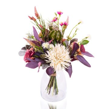 Decorative bouquet of flowers KALOU with cactus, violet-white-salmon, 18"/45cm, Ø14"/35cm