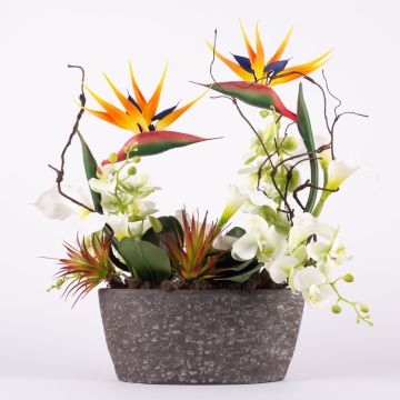 Exotic decorative flower arrangement LOVARA, strelitzia, orchid, calla, orange-white-green, 22"x12"x24"/55x30x60cm