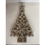 Wooden fir tree DAGNY, silver glitter, natural-white whitewashed, 14x2,5x24,5cm