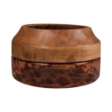 Glass bowl RUSSELL with mango wood, leopard pattern, brown-transparent, 5.3"/13,5 cm, Ø 9"/23 cm