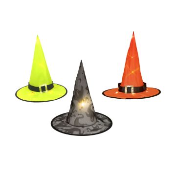 Decorative Halloween witch hat PETRISSA, 3 pieces, hanging, LEDs, 38cm, Ø36,5cm