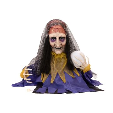 Halloween decorative figurine fortune teller COLETTA with ball, movement and sound function, LEDs, 50cm
