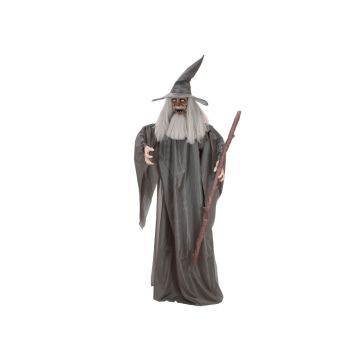 Halloween decorative figurine magician LUCARDIS with stick, movement and sound function, LEDs, 190cm
