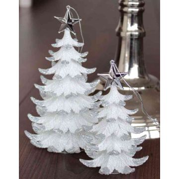 Acrylic hanging ornament Fir tree RION with star, glitter, white-silver, 4.7"/12cm, Ø3.5"/9cm