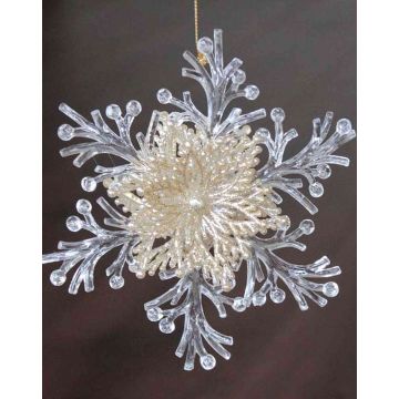 Acrylic hanging ornament Snowflake BALADI, glitter, transparent-gold, Ø6"/15cm