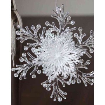 Acrylic hanging ornament Snowflake BALADI, glitter, transparent-silver-white, Ø6"/15cm