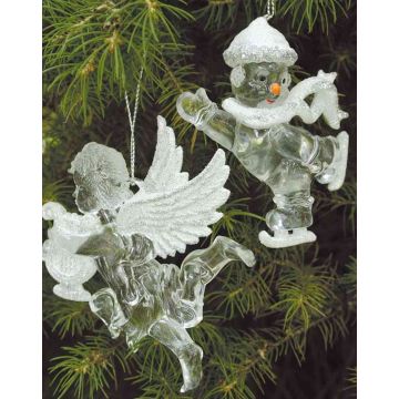 Acrylic hanging ornament Angel LINDY, 2 pieces, harp, lyre, glitter, silver-white, 3.5"x4"/9x10cm