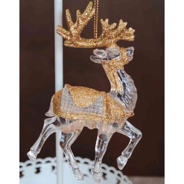 Acrylic ornament deer, glitter, transparent-gold, 3.5"x0.8"x4.7"/9x2x12cm
