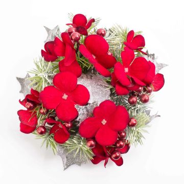 Artificial candle wreath ENDRE Hydrangea Berries Snow, red, Ø 5.9"/15cm