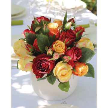 Artificial bouquet of roses MOLLY, red-orange, 12"/30cm, Ø 10"/25cm