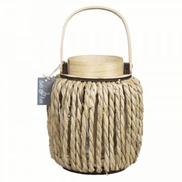 Wooden lantern LUCELIA with tea light glass candle holder, handle, braided, beige, 9"/23 cm, Ø 8"/20 cm