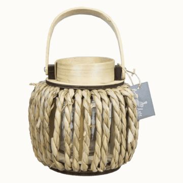 Wooden lantern LUCELIA with tealight glass candle holder, handle, braided, beige, 7"/18 cm, Ø 7"/18 cm