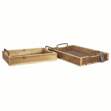 Industrial wooden tray NEVA with handles, 2 pieces, brown-black, 8"x12"x2"/20x31x5 cm, 10"x14"x2"/25,5x36x5 cm