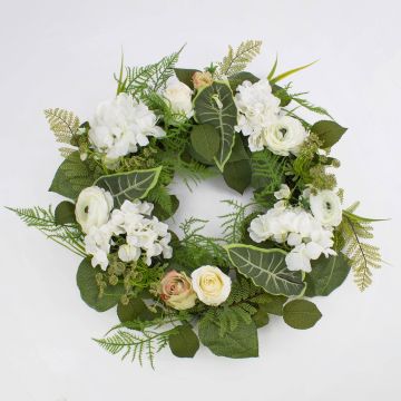 Decorative hydrangea wreath SUNA, ranunculus, rose, white-green, Ø 20"/50cm
