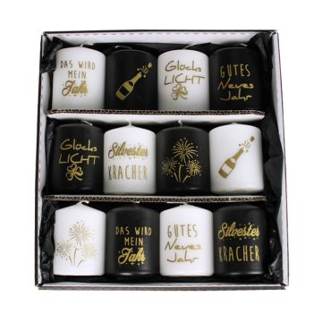 New Year's Eve pillar candles OVILA, 12 pieces, black-white-gold, 8cm, Ø6cm - Made in Germany