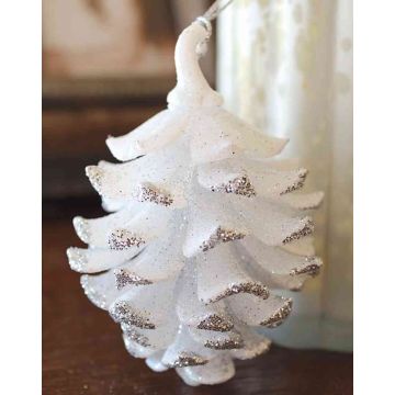 Acrylic hanging ornament Fir cone CATHARINA, glitter, white-silver, 3.5"/9cm, Ø2.8"/7cm