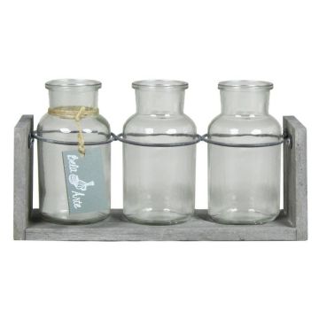Glass bottles LORRIE with wooden stand, 3 glasses, clear, 10"x3.1"x5.1"/25x8x13cm