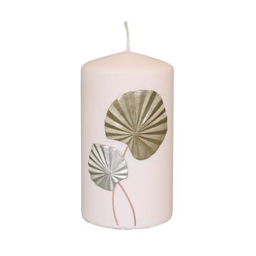 Pillar candle LLUVIA with palm frond motif, pale pink, 5"/13cm, Ø 2.8"/7cm, 52h