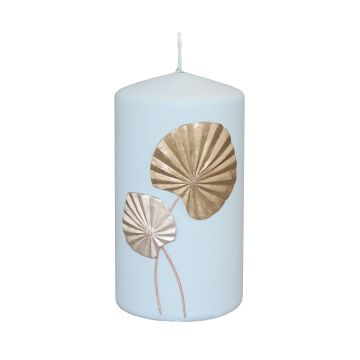Pillar candle LLUVIA with palm frond motif, sky blue, 5"/13cm, Ø 2.8"/7cm, 52h