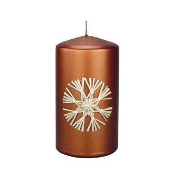 Pillar candle DINORA with straw star motif, cognac, 13cm, Ø7cm, 52h - Made in Germany