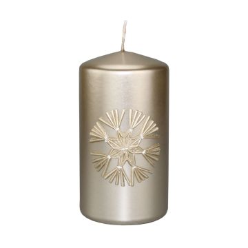 Pillar candle DINORA with straw star motif, pearl, 13cm, Ø7cm, 52h - Made in Germany