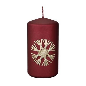 Pillar candle DINORA with straw star motif, carmine red, 13cm, Ø7cm, 52h - Made in Germany