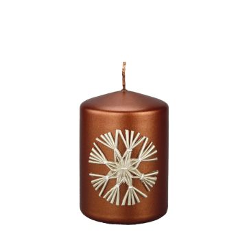 Pillar candle DINORA with straw star motif, cognac, 10cm, Ø7cm, 42h - Made in Germany