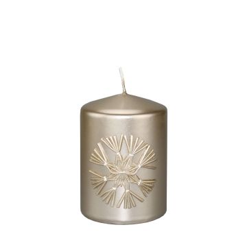Pillar candle DINORA with straw star motif, pearl, 10cm, Ø7cm, 42h - Made in Germany