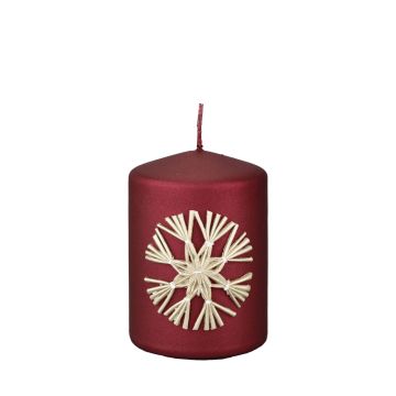 Pillar candle DINORA with straw star motif, carmine red, 10cm, Ø7cm, 42h - Made in Germany