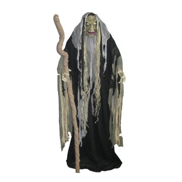 Halloween decorative figurine witch WALPURGA with stick, sound and movement function, LEDs, 153cm