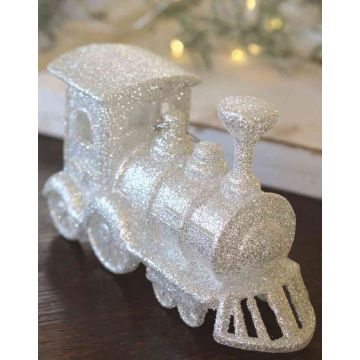 Acrylic hanging ornament Locomotive GEREON, glitter, white-silver, 4.7"x2.8"/12x7cm