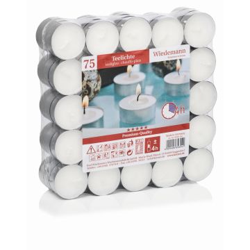 Set of 75 tea lights KENNY, white, 0.6"/1,5cm, Ø1.5"/3,7cm, 4h