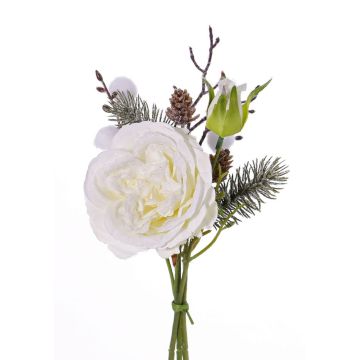 Artificial rose bouquet FANNI, cones, snow, white, 12"/30cm, Ø 5.9"/15cm