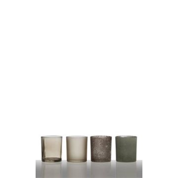 Set of 4 tea light holders LYLA, cylinder/round, brown/grey, 11"x2.8"x3.1"/28,5x7x8cm