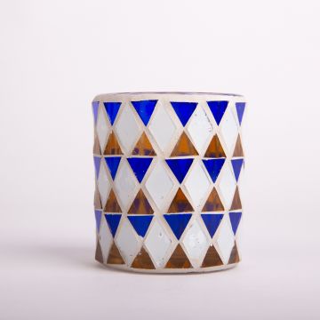 Tealight holder SAMIRA, oriental mosaic pattern, cylinder/round, orange/blue/black, 2.8"x2.8"x3.1"/7x7x8cm