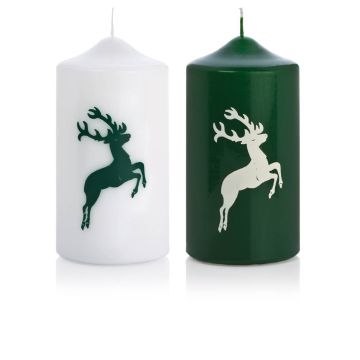 Motif candle / Christmas candle DALDI, deer motif, set of 2, dark green, 5.9"/15cm, Ø 3.1"/8cm, 69h - Made in Germany