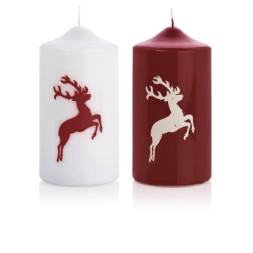 Motif candle / Christmas candle DALDI, deer motif, set of 2, bordeaux, 5.9"/15cm, Ø 3.1"/8cm, 69h - Made in Germany